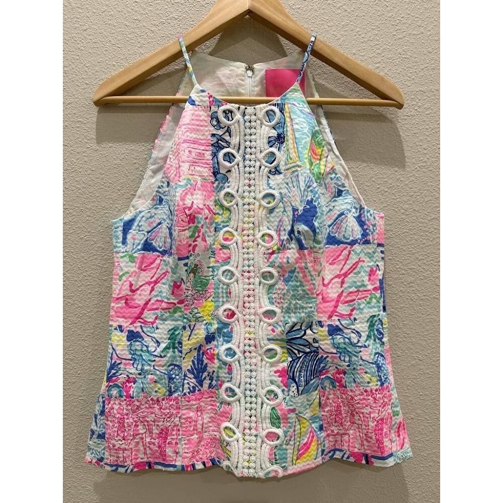 Lilly Pulitzer Pearl Top Summer Remix Patch Lace Halter Tank 60th Anniv Style